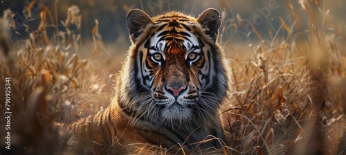A majestic tiger laying in the tall grass, looking directly at the camera with intense eyes. The background is a savannah landscape and clear blue sky, creating an atmosphere of wild beauty