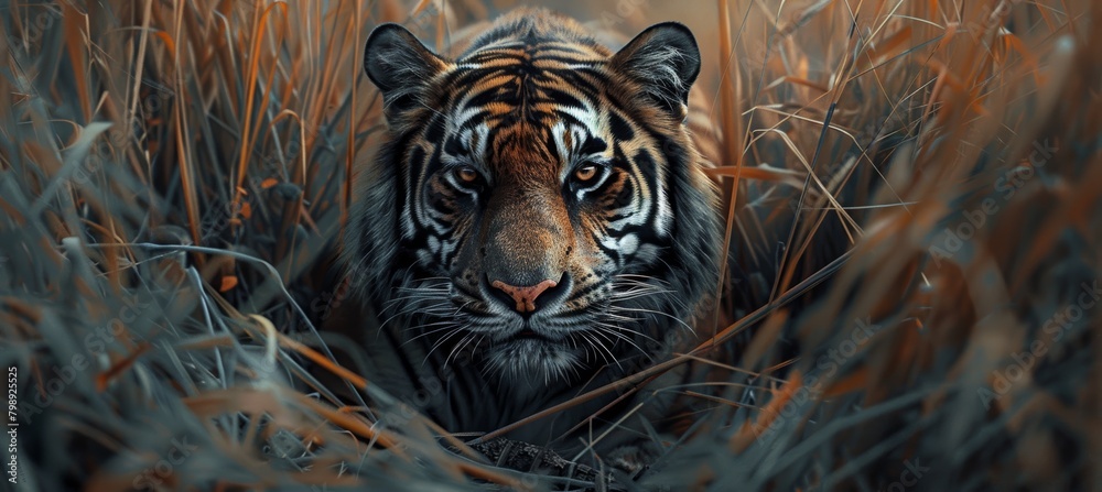 A majestic tiger laying in the tall grass, looking directly at the ...