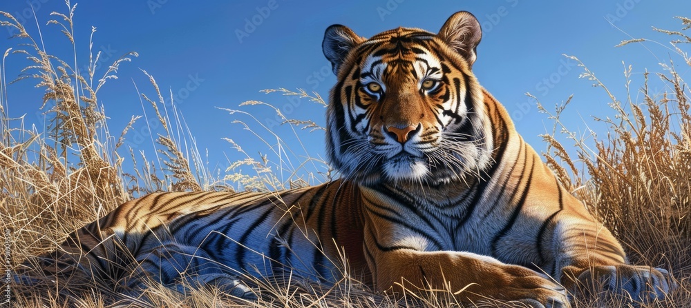 A majestic tiger laying in the tall grass, looking directly at the ...