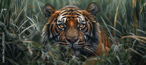 A majestic tiger laying in the tall grass, looking directly at the camera with intense eyes. The background is a savannah landscape and clear blue sky, creating an atmosphere of wild beauty