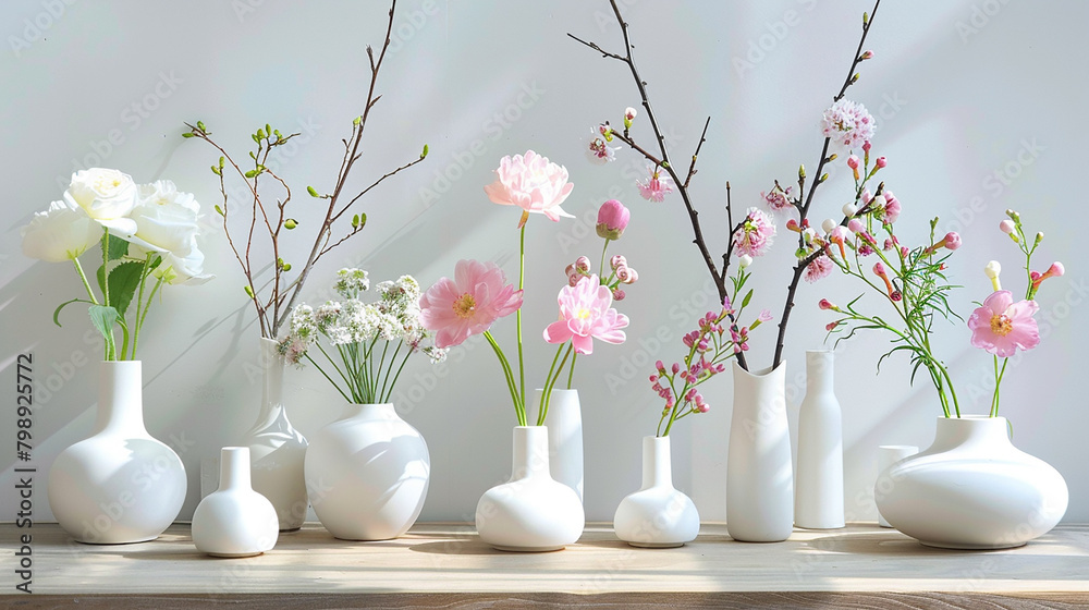 Delicate porcelain vases cradle fragrant blooms, adding a touch of elegance.