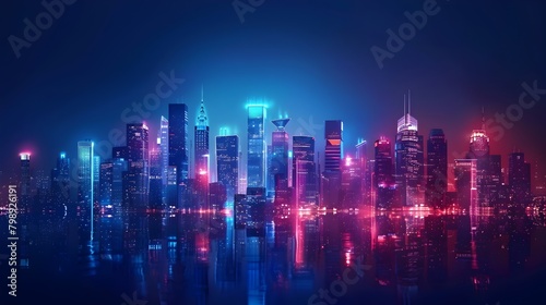 Glittering Metropolis at Nightfall - Futuristic Cityscape with Neon Lights and Reflections