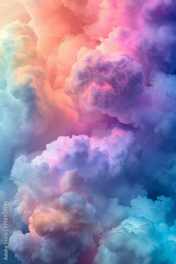 Fluffy clouds in a rainbow spectrum of colors, featuring soft gradients and dreamy shapes. Rainbow cloud textures offer a whimsical and magical backdrop