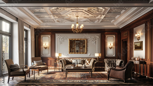 Ornate ceiling moldings frame the room  a testament to bygone craftsmanship.