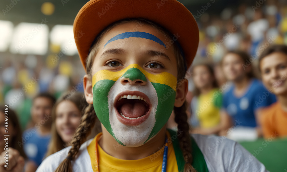 Fan cheering enthusiastically in a soccer stadium.