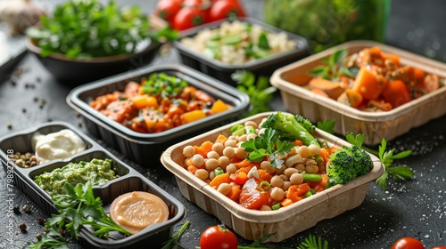 Biodegradable food containers aligned with plant-based meals, emphasizing a clean, green eating lifestyle. © rorozoa