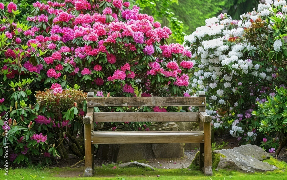 Tranquil Park Bench with Blooming Rhododendrons Tranquil Park Bench with Blooming Rhododendrons