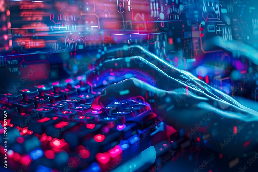Hacker Fingers Typing on Futuristic Glowing Keyboard in Blue Tones