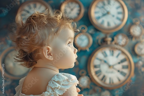 Cherubic Baby Captivated by Curious Floating Clocks in Dreamlike Surreal Setting photo