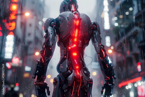 Hyper-Detailed Cyborg Warrior in Neon-Lit Urban Dystopia,Wielding Advanced Weaponry and Mechanical Exoskeleton
