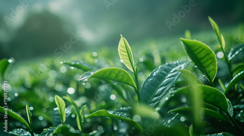 Luminous green tea leaves illuminated by sunlight, covered in morning dew, conveying a sense of freshness, health, and natural beauty