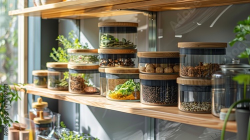 Assorted eco-conscious containers stack on wooden shelves, projecting a message of sustainability in food storage.