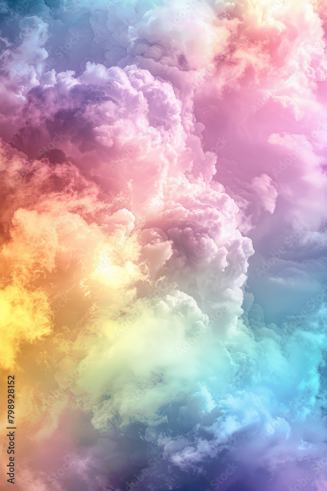 Fluffy clouds in a rainbow spectrum of colors, featuring soft gradients and dreamy shapes. Rainbow cloud textures offer a whimsical and magical backdrop