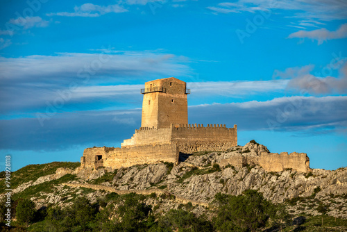 View from the distance of the medieval castle of Taibilla in Nerpio, Albacete, Castilla la Mancha, Spain with evening light