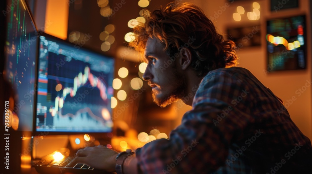A young entrepreneur analyzing market trends and stock graphs late into the night with determination. A young entrepreneur analyzing market trends and stock graphs late into the night with determination.