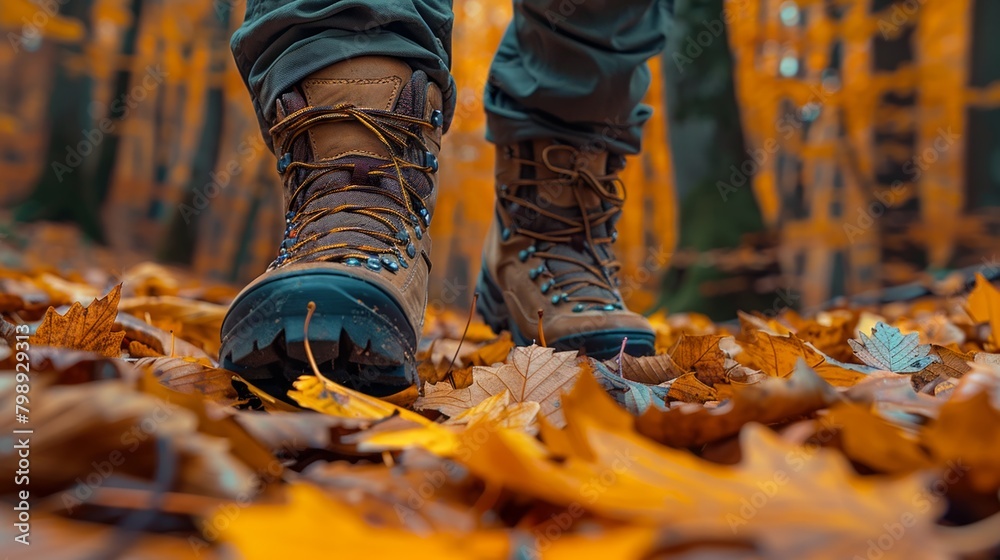 Hiker's boot stepping through amber leaves on forest trail with autumn's whisper Hiker's boot stepping through amber leaves on forest trail with autumn's whisper