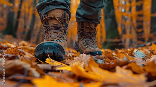 Hiker's boot stepping through amber leaves on forest trail with autumn's whisper