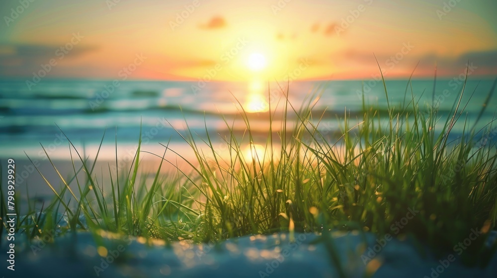 Grass on the beach near the sea. Sunset.