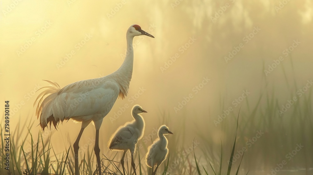 Fototapeta premium A visual story of a whooping crane family, teaching their young to navigate, set against the backdrop of a misty morning, encapsulating the beauty and challenges of their journey