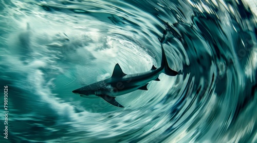 An abstract underwater shot capturing the graceful movement of a shark amidst swirling currents.