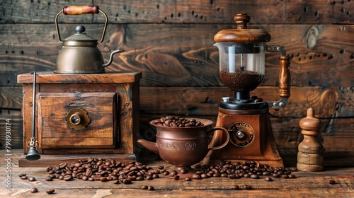 A vintage coffee grinder and a French press on an old wooden table, surrounded by loose beans and a rustic, warm setting