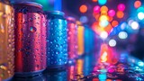 Row of glistening soda cans with dew droplets under neon city lights, reflecting vibrant blues and pinks on a dark surface.