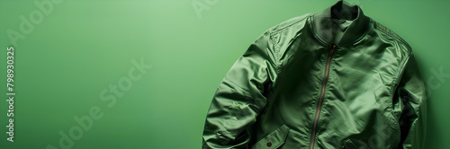 Bomber jacket web banner. Cool bomber jacket isolated on green background with copy space. photo