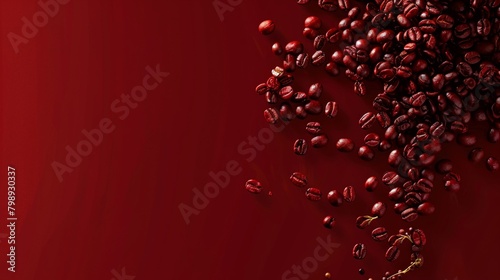 An elegant display of coffee beans cascading over a deep red background, emphasizing the blends unique aroma and global origin