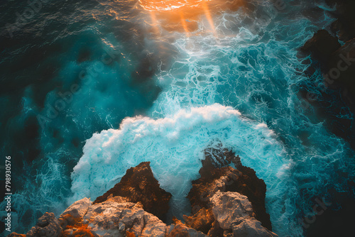 Spectacular top view of ocean waves crashing on rocky cliffs with a beautiful sunset in the background. © NE97