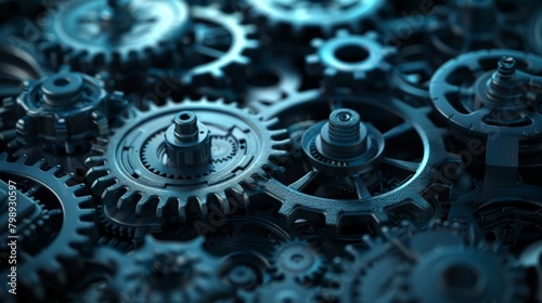 A background made of overlapping gears and cogs, with a single highlighted gear showcasing a detailed technical blueprint 