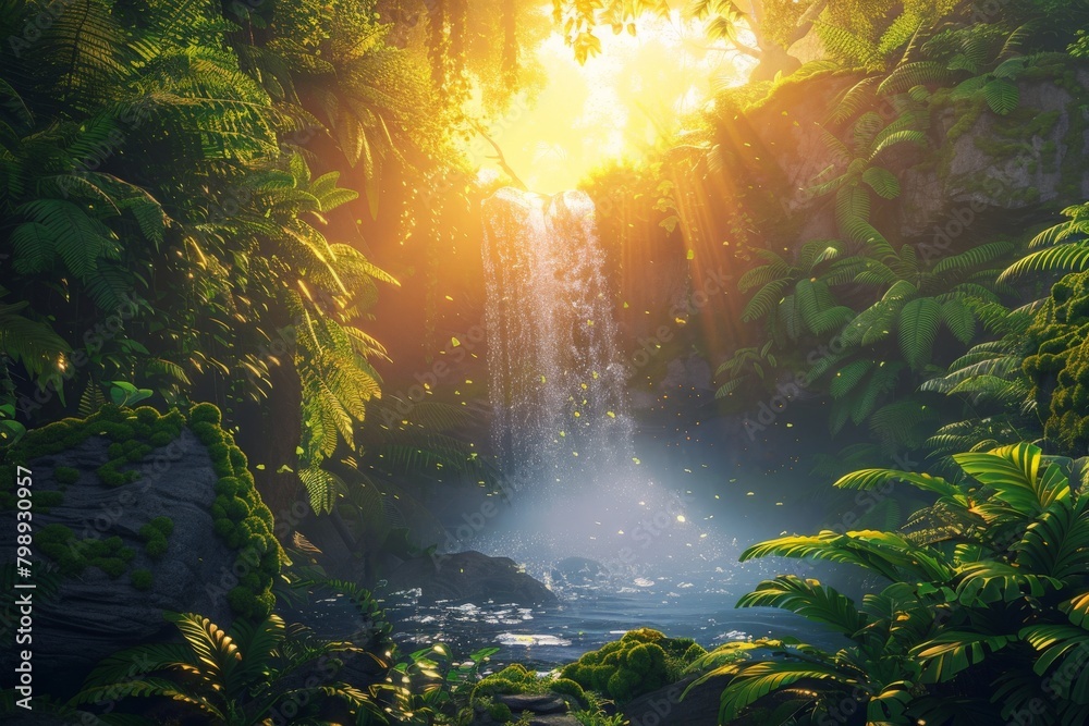 A breathtaking landscape photo of a cascading waterfall surrounded by lush green ferns and mosscovered rocks, bathed in the warm glow of a sunrise 