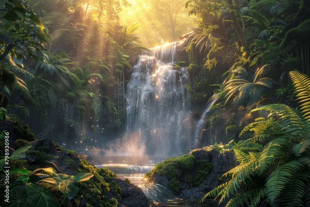 A breathtaking landscape photo of a cascading waterfall surrounded by lush green ferns and mosscovered rocks, bathed in the warm glow of a sunrise A breathtaking landscape photo of a cascading waterfall surrounded by lush green ferns and mosscovered rocks, bathed in the warm glow of a sunrise