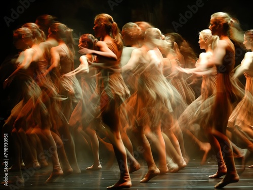 A group of dancers are performing on stage in a blurry motion. The dancers are wearing white and are moving in unison. Concept of energy and excitement