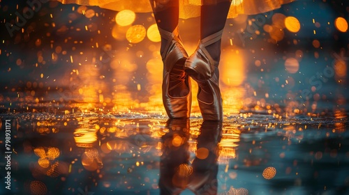 Pointe shoes stand firm on glistening pavement, their silhouette bathed in amber rays narrate stories of grace and discipline in dance. © rorozoa