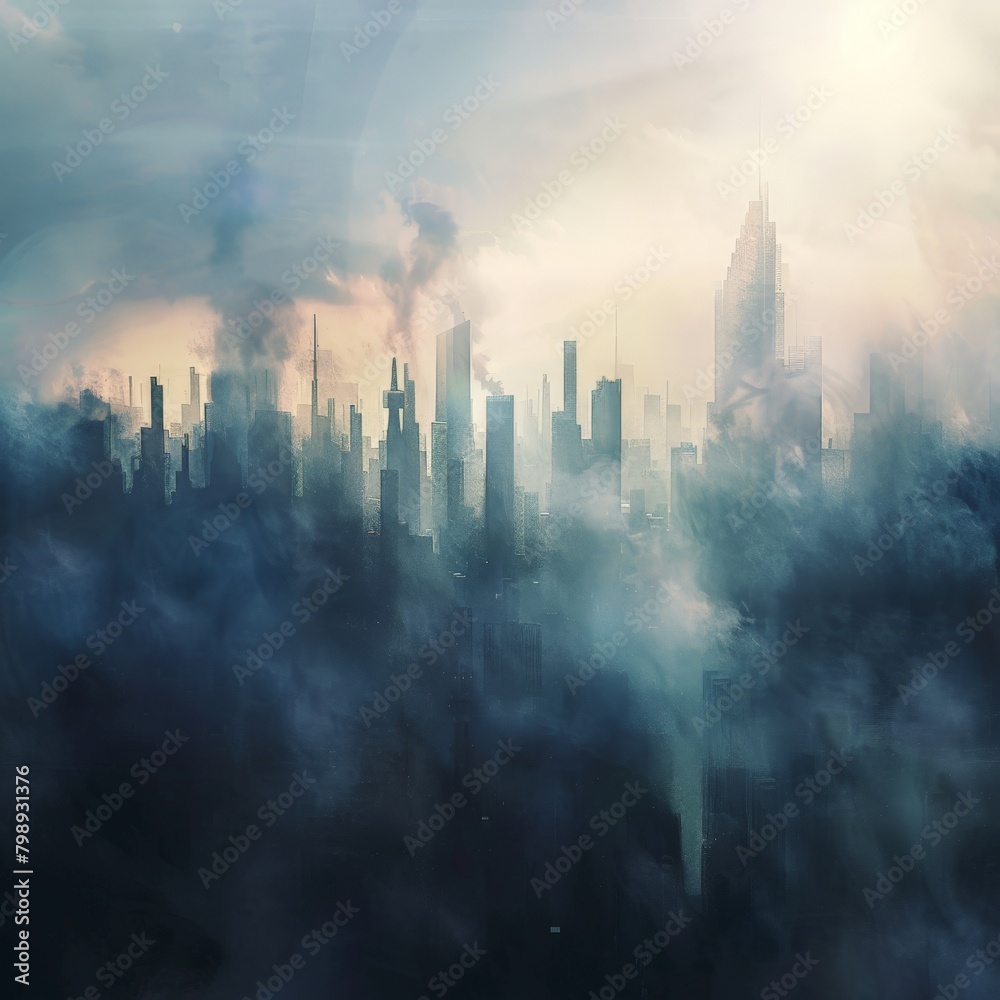 A city skyline emerging from a hazy watercolor fog, sunlight peeking through, creating a sense of mystery 