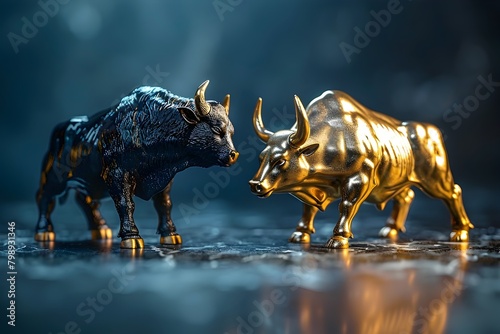 Metallic Bull and Bear Figurines on Glossy Reflective Surface with Blue Tones