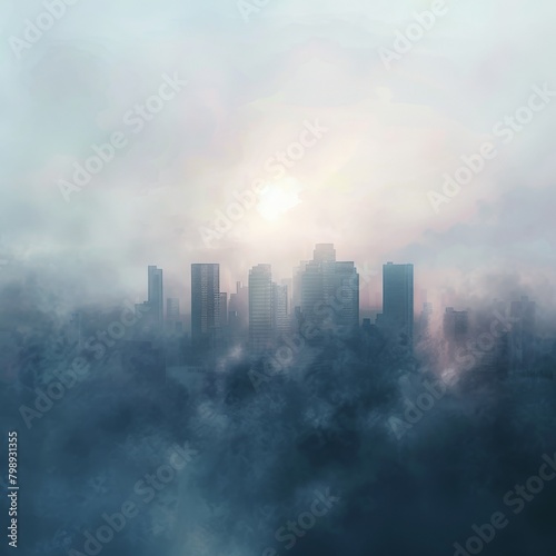 A city skyline emerging from a hazy watercolor fog, sunlight peeking through, creating a sense of mystery 