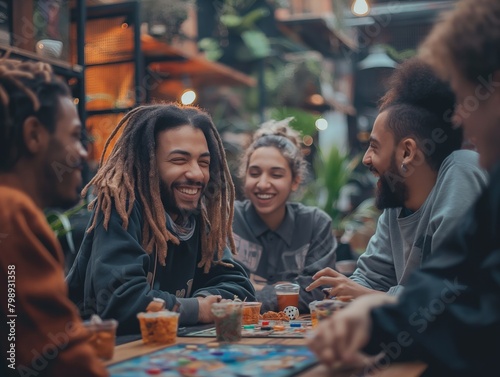 A group of people are sitting around a table playing a board game. They are all smiling and having a good time