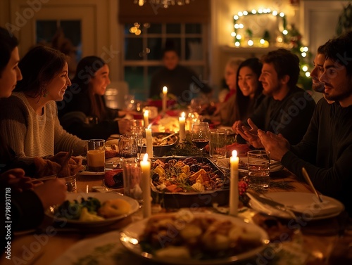 A group of people are gathered around a table with a large meal in front of them. Scene is warm and inviting  as the people are enjoying each other s company and sharing a festive meal together