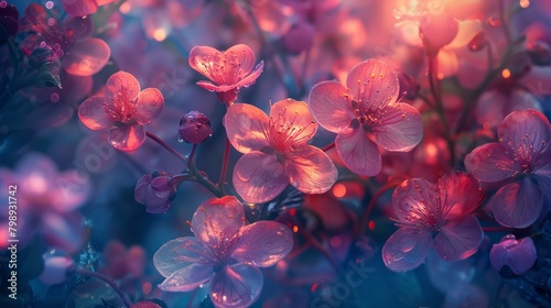 Wild blossoms aglow in twilight, their iridescent colors creating a dance of light and shadow in a mystical garden.