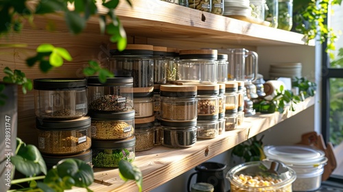 Assorted eco-conscious containers stack on wooden shelves, projecting a message of sustainability in food storage.