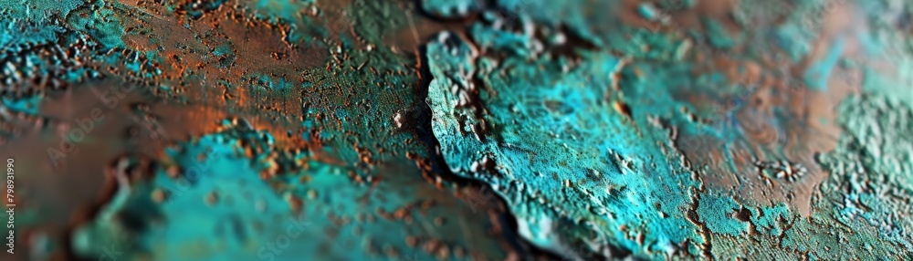 A closeup of weathered copper, its surface displaying a beautiful patina of turquoise and green hues A closeup of weathered copper, its surface displaying a beautiful patina of turquoise and green hues