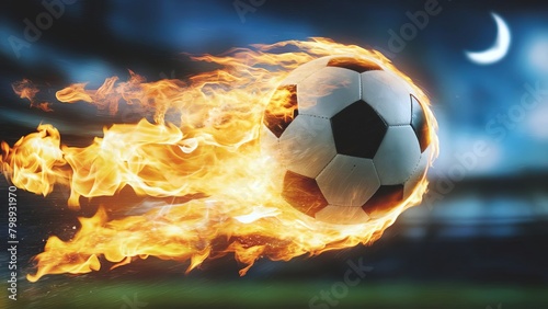 Socker ball on fire in flight  dynamic illustration  against the background of a football stadium  championship 2024