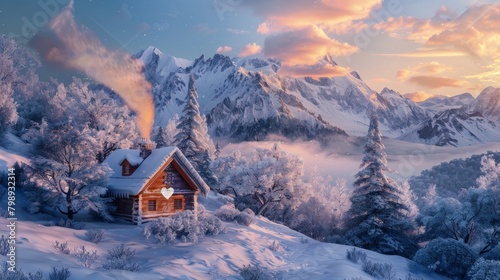 A cozy cabin nestled in snowy mountains  smoke curling from the chimney  with a heart carved into the tree outside 
