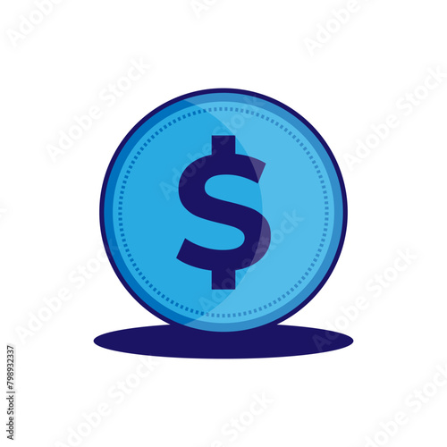 Flat blue coin icon with dollar sign. Vector dollar coin icon with shadow on blue background