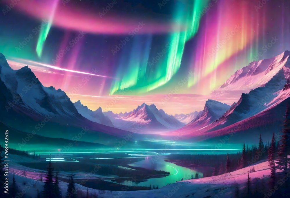 Northern Lights, Aurora Borealis, illuminating a snowy mountain landscape, with green, pink, and purple auroras creating an ethereal atmosphere, Generative AI.