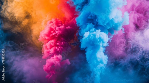 Brightly colored smoke grenades emitting vibrant plumes against a dark background, adding drama and intensity.