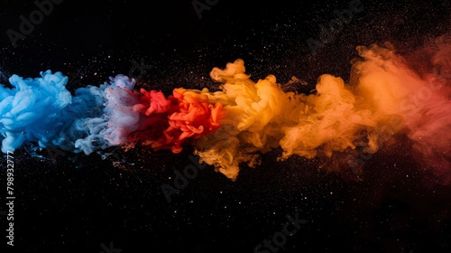 Brightly colored smoke grenades emitting vibrant plumes against a dark background, adding drama and intensity. photo