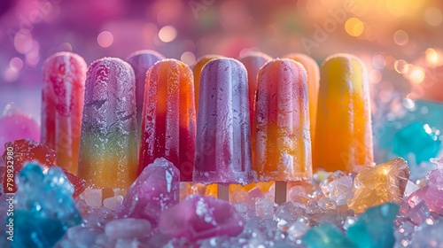 Vibrant frozen treats on a bed of crystals, highlighting summer zest and chilling freshness in a high-resolution culinary still life photo