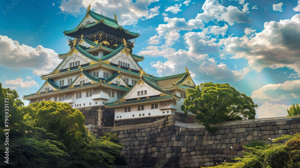 Radiant sunbeams illuminate the historic Osaka Castle, evoking a sense of awe and history Radiant sunbeams illuminate the historic Osaka Castle, evoking a sense of awe and history